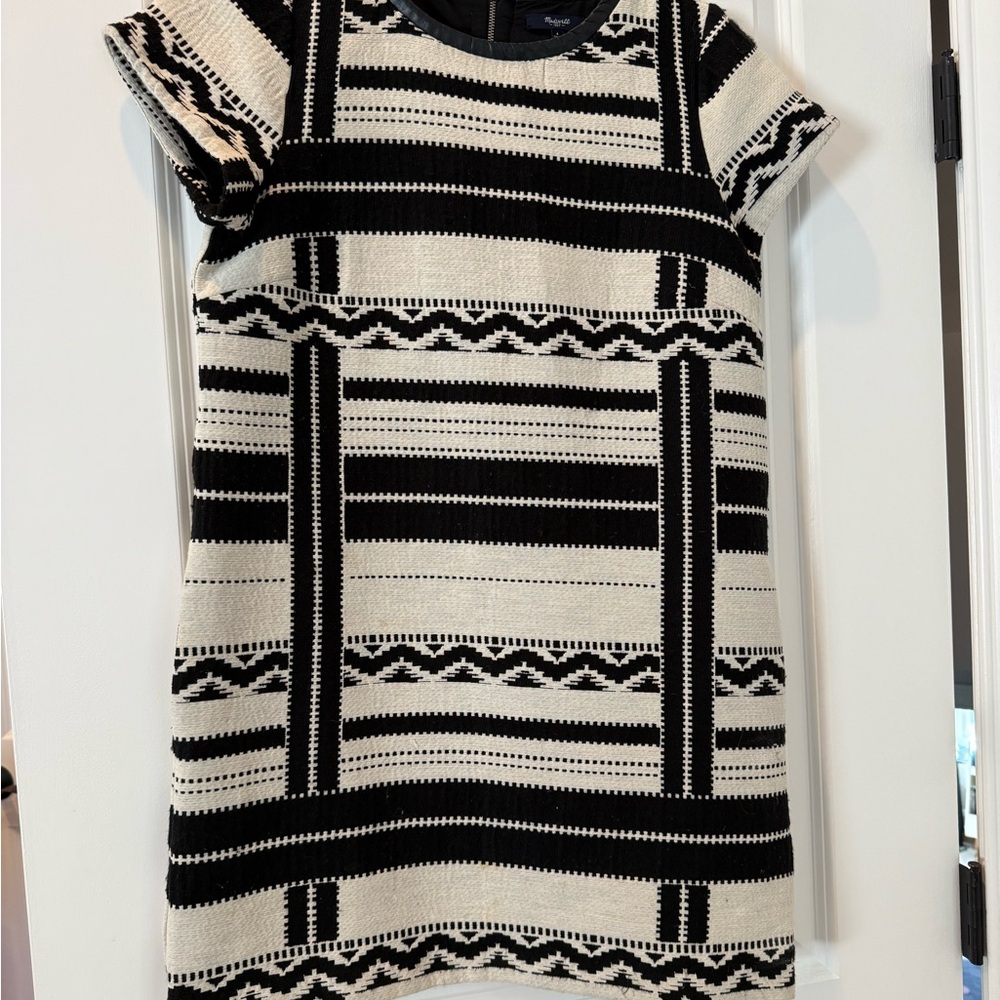 Madewell Black and Cream Geometric Mini Dress leather trim